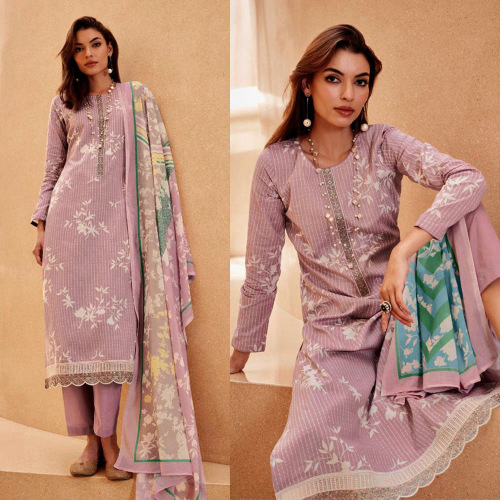 DULL ONION PINK PRINTED LAWN COTTON UNSTITCHED SALWAR KAMEEZ SUIT w FANCY EMBROIDERED LACE DRESS MATERIAL LADIES DEN