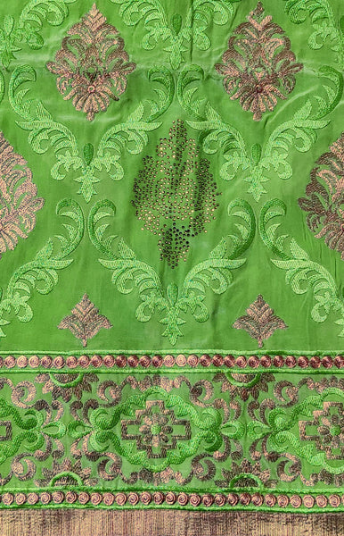 APPLE GREEN PURE CREPE UNSTITCHED SALWAR KAMEEZ SUIT DRESS MATERIAL w RESHAM & ZARI EMBR LADIES DEN