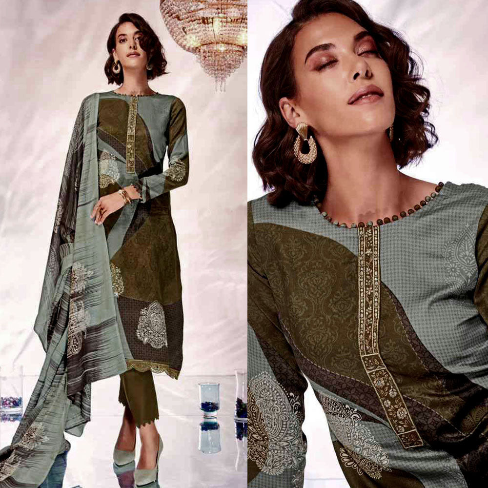 DARK OLIVE ABSTRACT STYLE PRINTED SATIN COTTON UNSTITCHED SALWAR KAMEEZ SUIT w FANCY EMBROIDERED LACE DRESS MATERIAL LADIES DEN