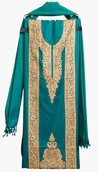 TEAL GREEN COTTS WOOL CUSTOM STITCHED SALWAR KAMEEZ SHAWL SUIT w KASHMIRI AARI WORK UP TO READY SIZE 50 (stitching included) LADIES DEN