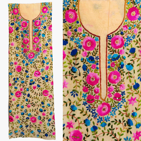 LIGHT YELLOW CHANDERI SILK CUSTOM STITCHED HAND EMBROIDERED KURTI KURTA OR SALWAR KAMEEZ UP TO READY SIZE 54 (stitching included) LADIES DEN