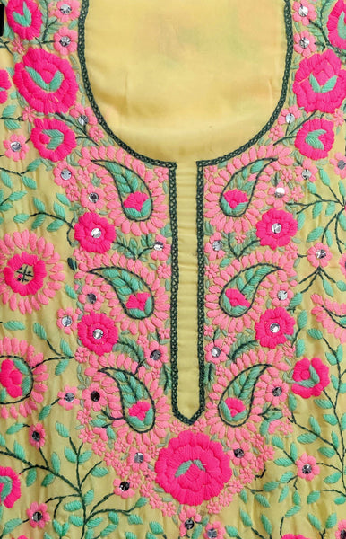 LEMON YELLOW GEORGETTE CUSTOM STITCHED HAND EMBROIDERED KURTI KURTA OR SALWAR KAMEEZ UP TO READY SIZE 54 (stitching included) LADIES DEN