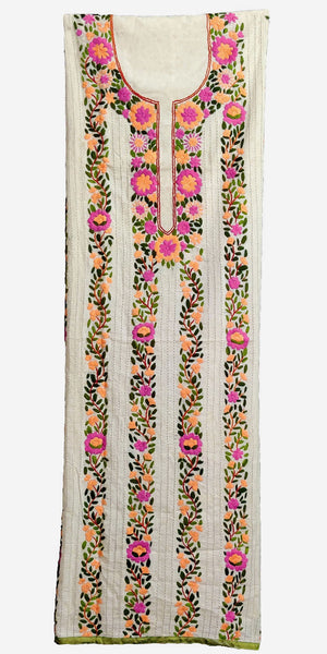OFF WHITE-ORCHID PINK SELF PRINTED COTTON CUSTOM STITCHED HAND EMBROIDERED KURTI KURTA OR SALWAR KAMEEZ UP TO READY SIZE 52 (stitching included) LADIES DEN